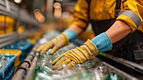 The hands of the employee in gloves are close-up. On the conveyor for recycling and sorting garbage from plastic bottles, glasses of different sizes, garbage sorting and recycling concept