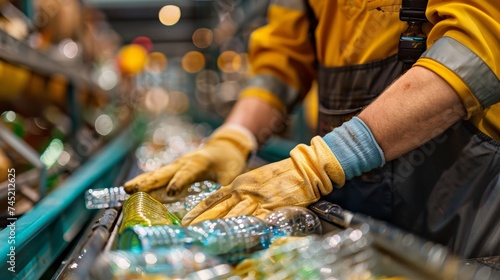 The hands of the employee in gloves are close-up. On the conveyor for recycling and sorting garbage from plastic bottles, glasses of different sizes, garbage sorting and recycling concept © arhendrix