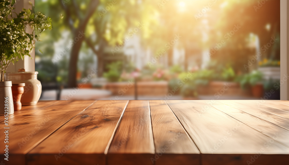 empty wooden table and blurred kitchen background in sunlight. empty wooden table and blurred kitchen background in sunlight.