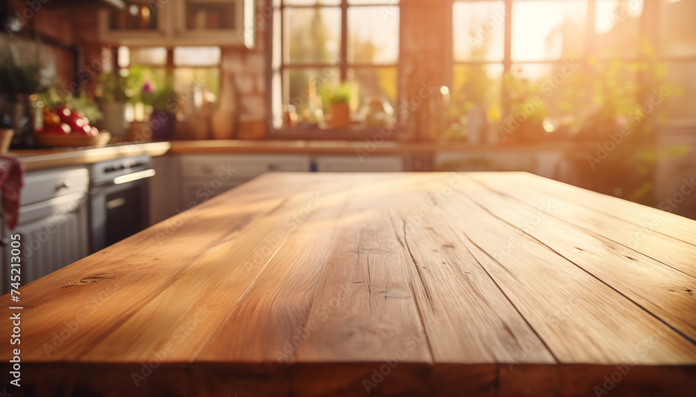 empty wooden table and blurred kitchen background in sunlight. empty wooden table and blurred kitchen background in sunlight.