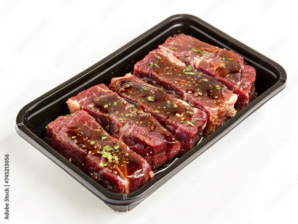 The beef is sliced lengthwise and marinated in a dark brown sauce and spices. Placed in a container.