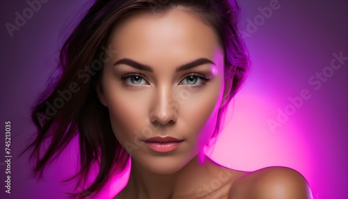 Beauty Woman Close Face with Neon light effect background