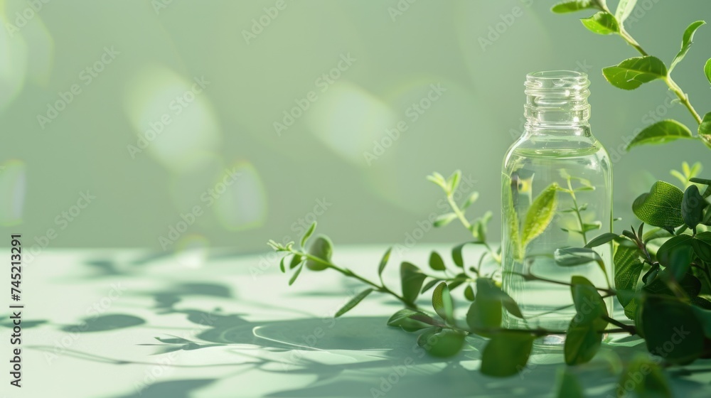 A small glass bottle with cbd products on a light green background, A small glass bottle with cbd products on a light green background,