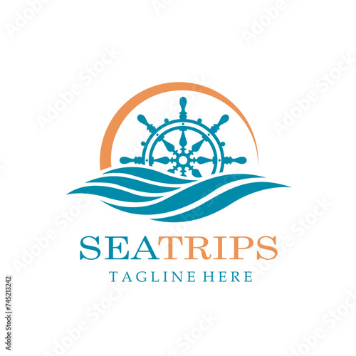 ship helm wheel icon with sea waves isolated on white background