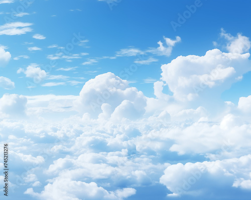 White clouds floated like cotton in the bright sky. Can be used as a backdrop for presenting natural products.