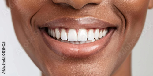 Dental care. Dentistry concept. Beautiful African-American close-up female woman wide smile of healthy white teeth. The whitening procedure, caring about mouth and tooth