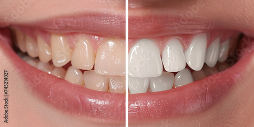 Woman teeth before and after whitening. Dental clinic patient. Oral care dentistry, stomatology, dental transformation. Collage with photos of patient before and after teeth whitening photo