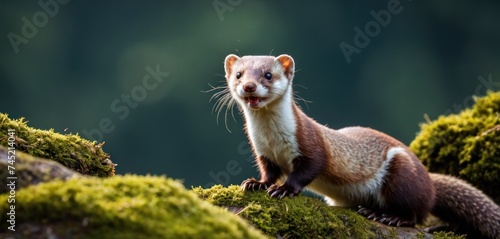 a brown and white ferret standing on top of a green moss covered rock covered in lichen and moss.