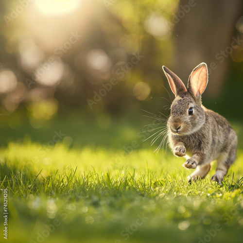 Bunny runs along lawn against the backdrop of a sunny lawn