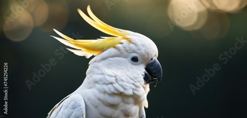 a close up of a white parrot with a yellow crown on it's head and a blurry background. photo