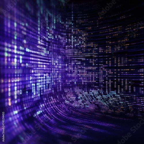 Purple digital binary data on computer screen background