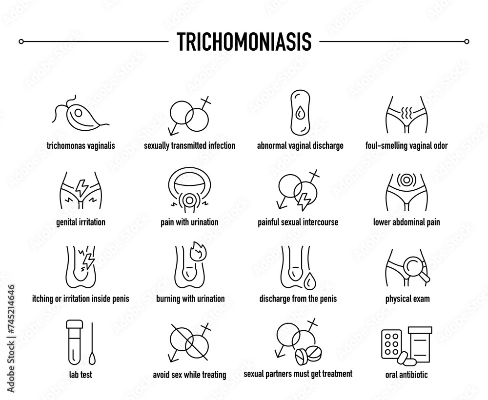 Trichomoniasis symptoms, diagnostic and treatment vector icons. Line editable medical icons.