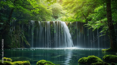 The sun shines through the green leaves of the trees and illuminates the beautiful waterfall. The water falls into aæ½­ç¢§ç»¿è‰²çš„æ°´æ½­.