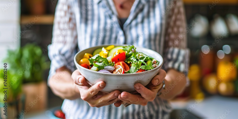 Senior healthy lifestyle living eating habits long life concept. Close-up hands of senior woman in shirt holding a healthy vegetable fresh salad bowl on blurred kitchen background