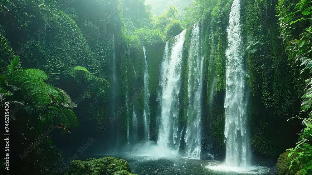 The waterfall is located in a lush green forest. The water is crystal clear and falls from a height of several meters. - obrazy, fototapety, plakaty 