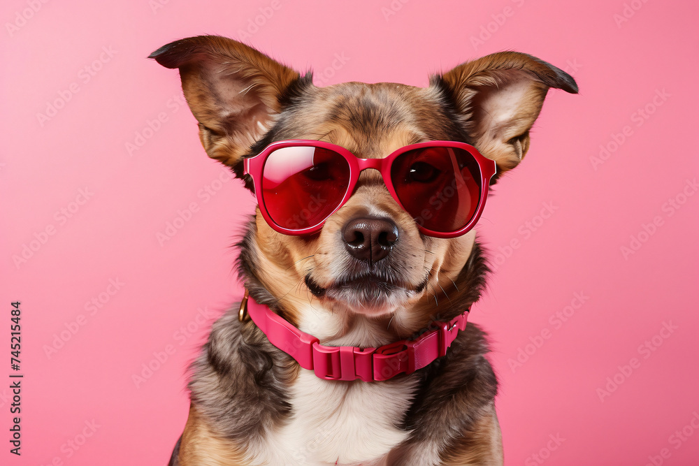 A dog wearing sunglasses and a pink collar. The dog is smiling and looking at the camera. The image has a playful and fun mood