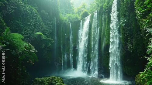 The waterfall is located in a lush green forest. The water is crystal clear and falls from a height of several meters. photo
