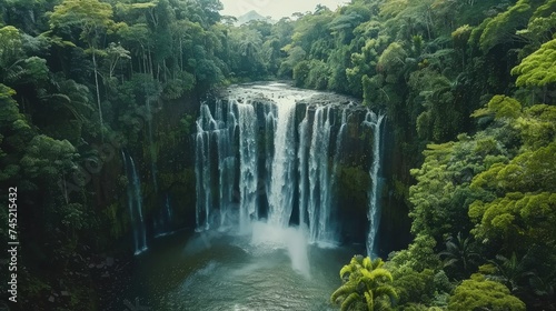 lush green jungle waterfall in the middle of a dense forest with a large body of water at the bottom