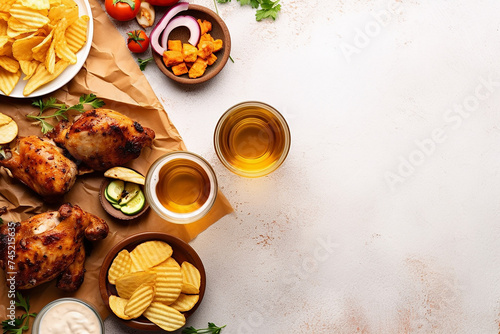 Roasted chicken with sides and beer, arranged on a rustic table.