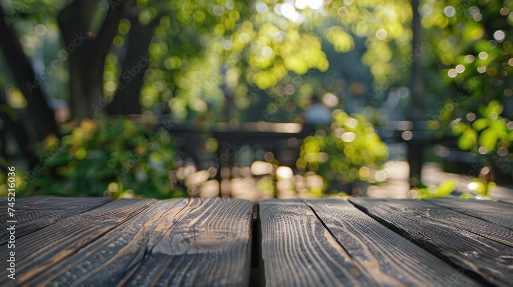 A table made of wooden grain and a view of plants by the trees, light maroon and dark gray, bokeh panorama,