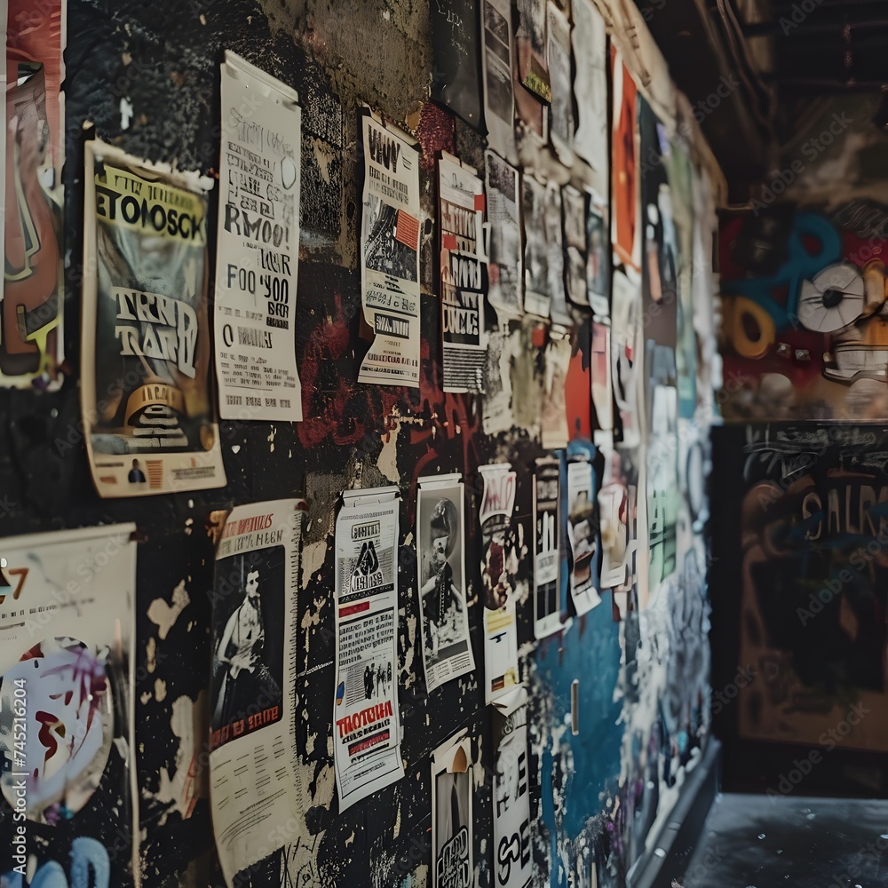 Fototapeta premium grungy wall with rock show flyers taped all over it