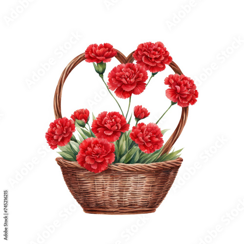 Romantic red carnations arranged in woven vine basket watercolor illustration