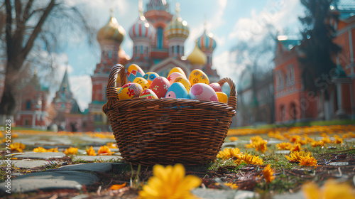 Easter eggs in a wicker basket on the background of a church temple. The concept of the Easter holiday. Christ is Risen! photo