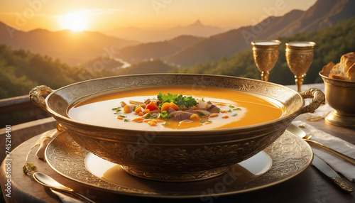 A beautifully presented bowl of soup captured in exquisite detail to highlight its tantalizing taste and luxurious appearance against the backdrop of a golden sunset
