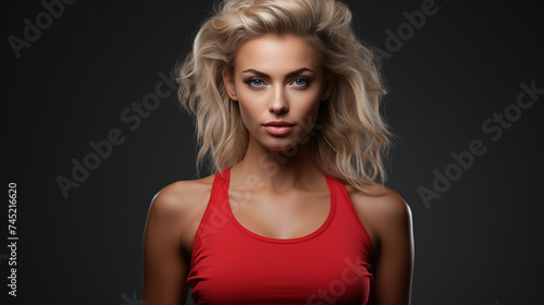 portrait of a blonde woman in wearing red sport top