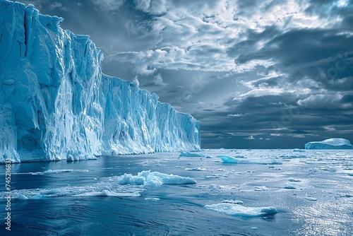 Antarctic icebergs in the ocean on a cloudy day. Glacier Lagoon and icebergs. Global warming concept.