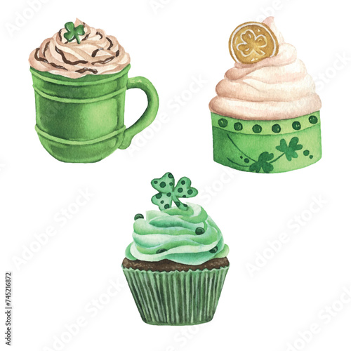 Vector watercolor st patrick's day illustration set cupcakes pastry cup latte sweets