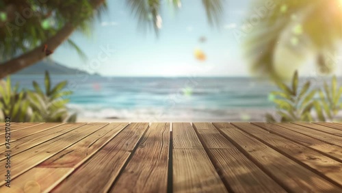 empty wooden planks with blur beach and sea. seamless looping overlay 4k virtual video animation background  photo