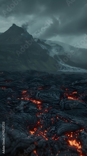 Icelandic landscape with lava eruption