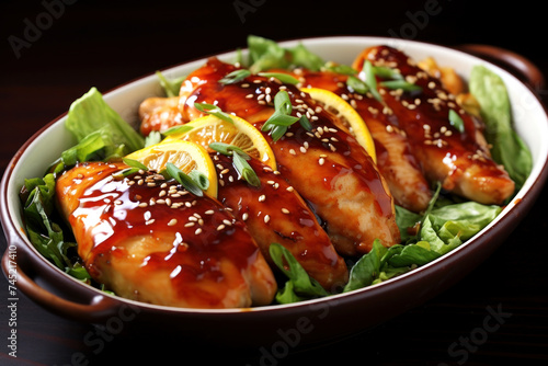 Succulent teriyaki-glazed chicken garnished with sesame seeds and fresh lemon slices