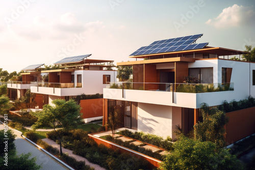 .Sustainable living with contemporary houses equipped with solar panels  surrounded by lush greenery. Sustainable living with contemporary houses equipped with solar panels