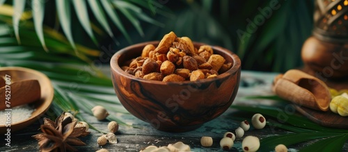 A wooden bowl filled with various nuts, such as almonds, walnuts, and cashews, sits atop a table. The nuts are neatly arranged and ready for snacking or cooking.