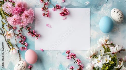 Beautiful spring flowers, Easter eggs and blank white paper sheet for greeting text, light background