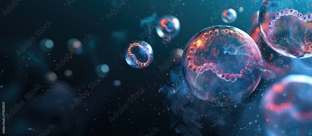 A collection of bubbles floating in the air, symbolizing biotech stem cells and human lifespan depicted as DNA strands. The bubbles are suspended in a dark blue background. A collection of bubbles floating in the air, symbolizing biotech stem cells and human lifespan depicted as DNA strands. The bubbles are suspended in a dark blue background.