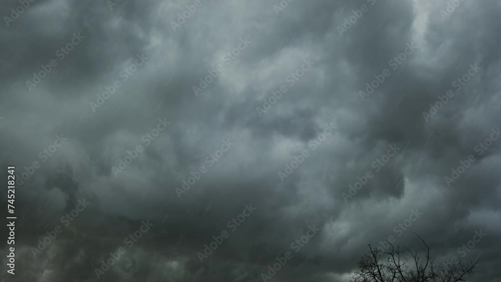 Dramatic dark storm clouds and heavy rainfall, 4k Dramatic dark storm clouds and heavy rainfall, 4k