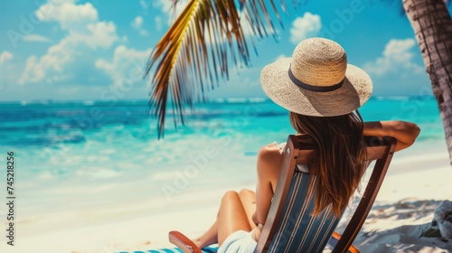 Beautiful woman sitting on the sunbed tropical beach in summer,