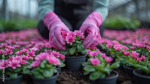 Close up woman hands in pink gloves planting a flower