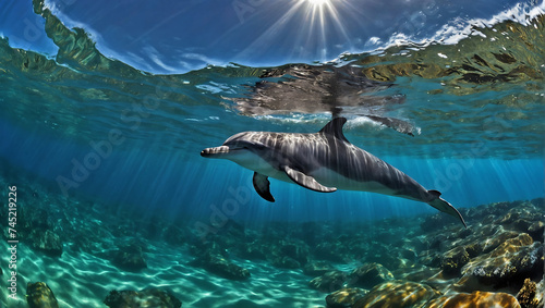 Obraz na płótnie Delfin w Tropikalnej Lagunie – Harmonia z Naturą w salonie