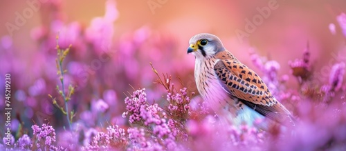A male Kestrel bird sits among vibrant purple flowers in a moorland setting in Yorkshire Dales, UK. The bird is surrounded by a sea of blooming heather, creating a striking natural scene. photo