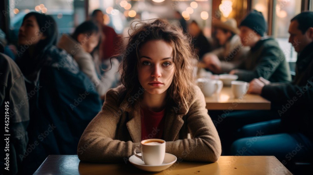 A serious young woman with a direct gaze sits with a coffee cup, enveloped in the lively ambiance of a bustling café, symbolizing the candid essence of modern urban lifestyle.