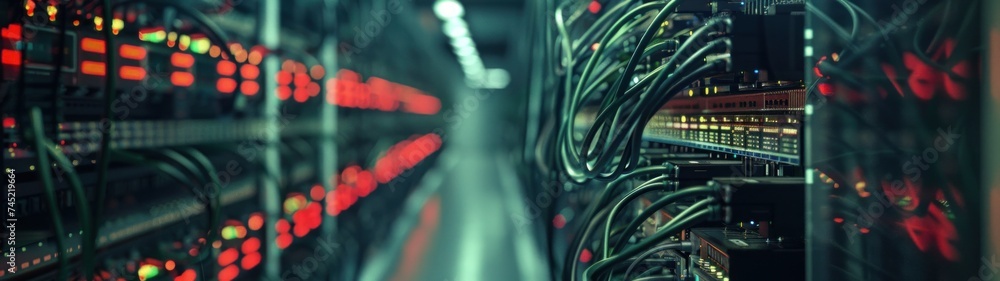 High-speed fiber optic cables connecting network switches and routers ...