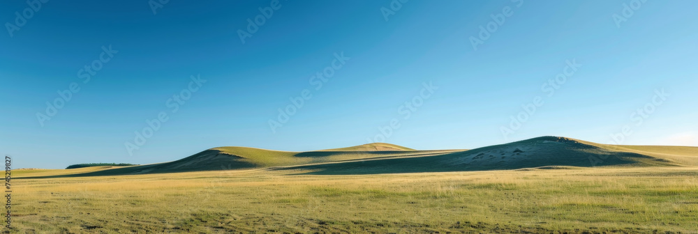 Green grass field on small hills, panorama landscape of spring grass field meadow and blue sky.