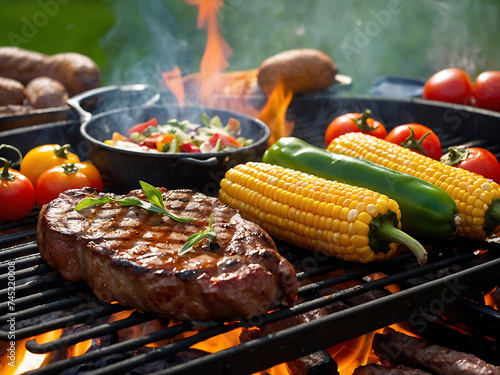 Obraz na płótnie Letni Grill: Steki i Warzywa na Ruszcie w salonie