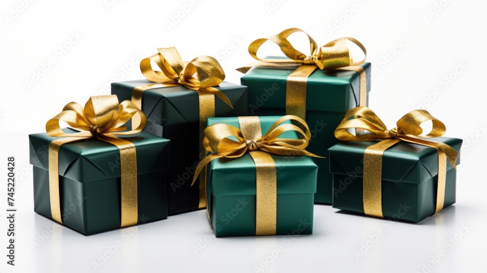 Generative AI 5 green gifts wrapped with golden ribbon on a white isolated background Generative AI 5 green gifts wrapped with golden ribbon on a white isolated background