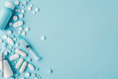 Organized layout of various medication forms and a syringe on a clean, light blue background, representing healthcare and treatment.