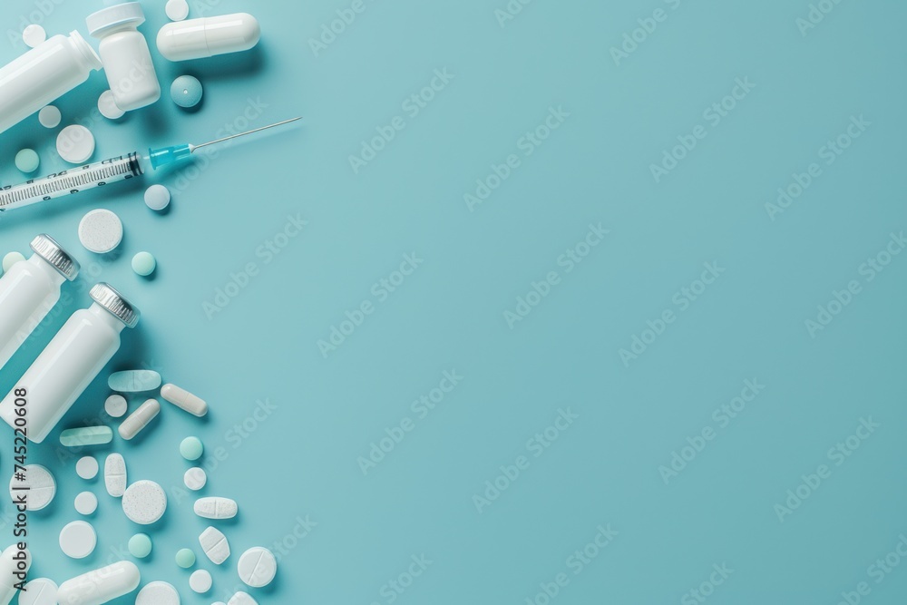 Medication Math Backgrounds Organized layout of various medication forms and a syringe on a clean ...